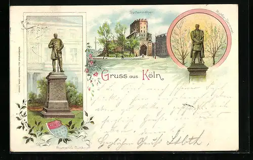 Lithographie Köln, Severintor, Moltke-Denkmal, Bismarck-Denkmal