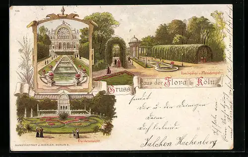 Lithographie Köln-Riehl, Gasthaus Flora, Laubgänge und Floratempel, Teich