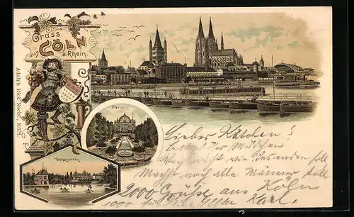 Lithographie Köln a. Rhein, Gasthaus Flora, Uferpartie mit Dom, Volksgarten