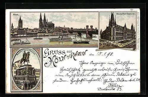 Lithographie Köln a. Rhein, Uferpartie mit Dom, Neues Post-Gebäude, Monument Friedrich Wilhelm III.