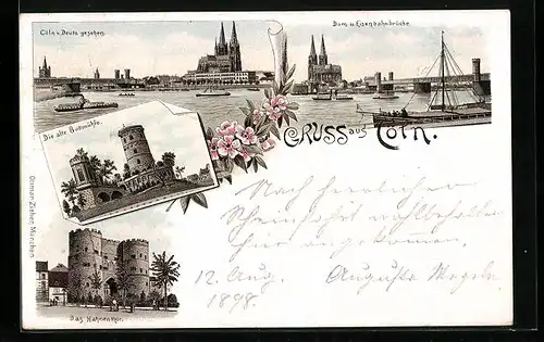Lithographie Köln, Die alte Bottmühle, Dom und Eisenbahnbrücke, Das Hahnentor