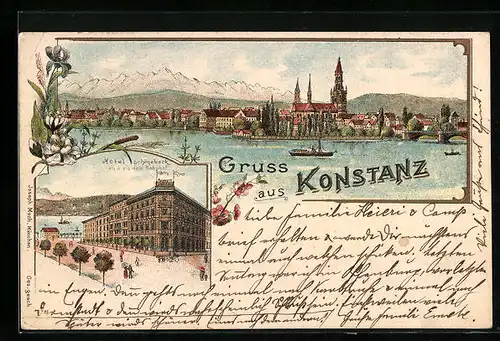 Lithographie Konstanz, Hotel Schönebeck, Uferpartie mit Kirche