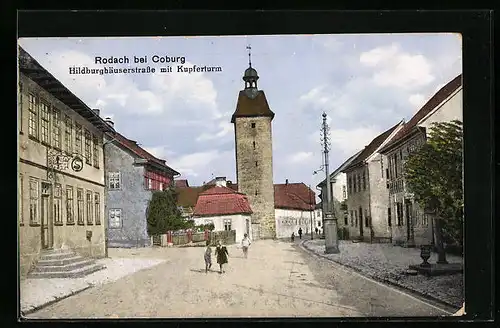 AK Rodach b. Coburg, Hildburghäuserstrasse mit Kupferturm