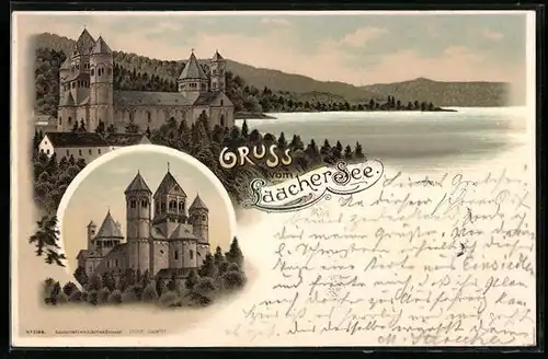 Lithographie Glees, Laacher See, Panorama mit Kirche
