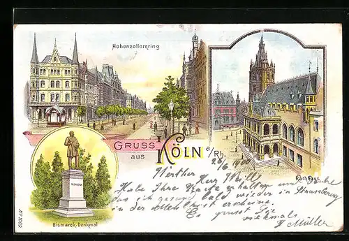 Lithographie Köln a. Rh., Hohenzollernring mit Rathaus
