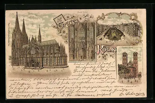 Lithographie Köln, Dom und Gereons Kirche