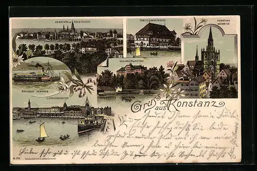 Lithographie Konstanz / Bodensee, Landungssteg, Münster, Schloss Mainau