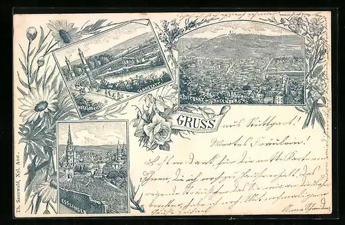 Lithographie Stuttgart, Teilansicht mit Hasenberg, Cannstatt mit Neckarbrücke, Esslingen