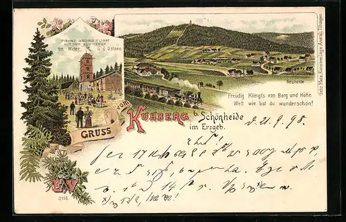 Lithographie Neuheide bei Schönheide /Erzgeb., Gesamtansicht mit Eisenbahn, Gasthaus und Turm auf dem Kuhberg