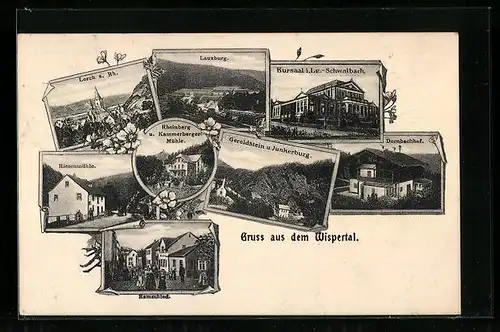AK Ramschied /Wispertal, Pension Dornbachhof, Kursaal i. Lg.-Schwalbach, Rheinberg und Kammerberger Mühle