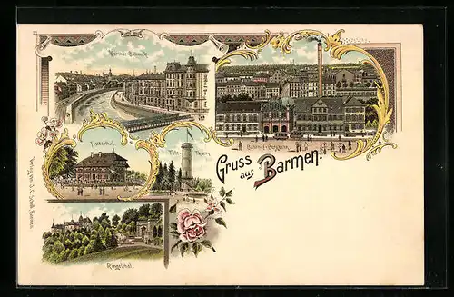 Lithographie Barmen, Gasthaus Fischerthal, Werther Bollwerk, Bahnhof-Bergbahn