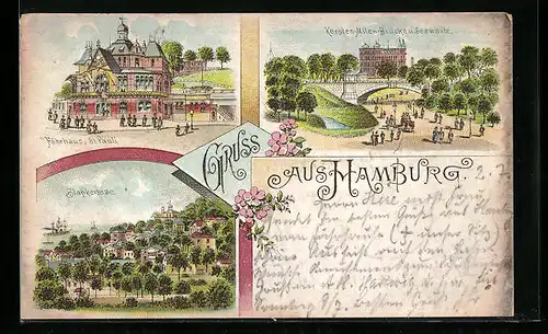 Lithographie Hamburg-St. Pauli, Gasthaus Fährhaus, Kersten-Miles-Brücke und Seewarte, Blankenese