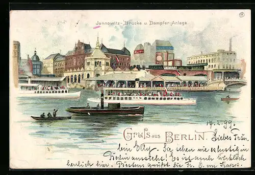 Lithographie Berlin, Jannowitz-Brücke und Dampfer-Anlage