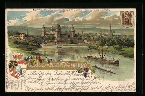 Präge-Künstler-AK Aschaffenburg, Uferpartie mit Schloss, Wappen