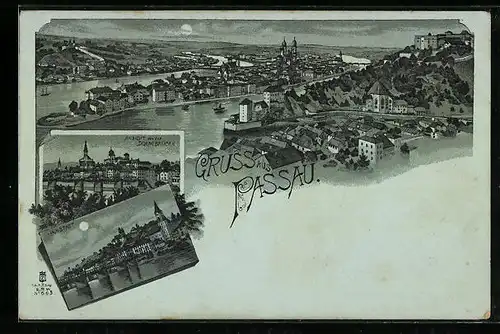 Mondschein-Lithographie Passau, Teilansicht, Ansicht von der Donaubrücke, Innstadt