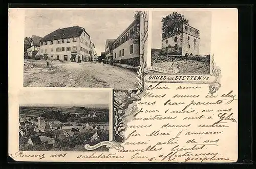 AK Stetten i. R., Strassenpartie mit Geschäft, Schlossruine Yburg, Totalansicht