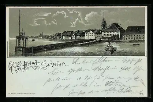 Mondschein-Lithographie Friedrichshafen, Uferpartie mit Dampfboot