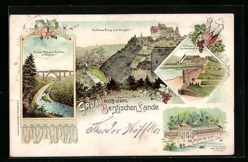 Lithographie Burg a. d. Wupper /Bergisches Land, Restaurant Carl Ortmann Müngsten, Schloss Burg