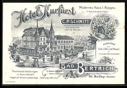 Künstler-AK Bad Bertrich-St. Bullay /Moselbahn, Hotel Kurfürst von C. P. Schmitt
