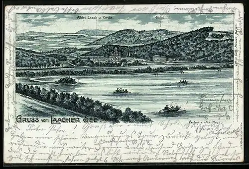 Lithographie Maria Laach, Laacher See mit Hotel, Abtei Laach und Kirche