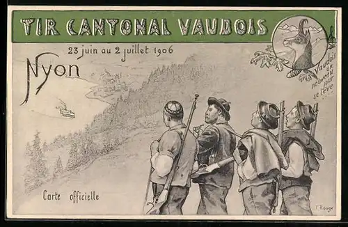 Künstler-AK Nyon, Tir Cantonal Vaudois 1906, Uferpartie mit Schützen, Gams