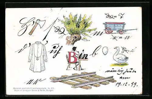 AK Bilderrätsel mit einer Axt, einem Baum und einer Gans