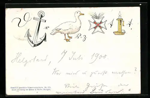 AK Bilderrätsel mit einem Anker, einer Gans und einem Orden