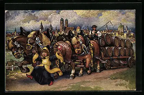 Künstler-AK München, Münchner Kindl mit einem Bierwagen
