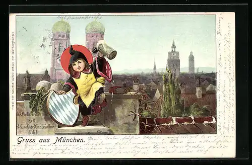 Präge-AK München, Münchner Kindl mit Bierkrug vor der Frauenkirche