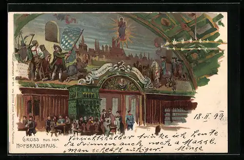 Lithographie München, Münchner Hofbräuhaus, Innenansicht