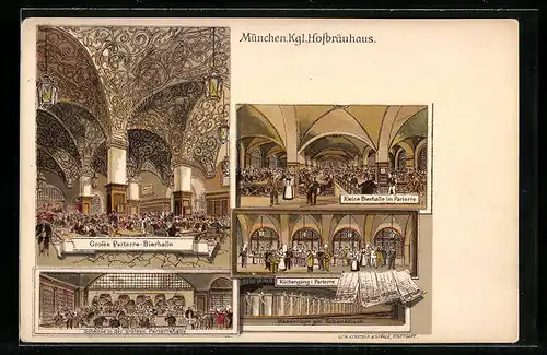 Lithographie München, Münchner Hofbräuhaus, Innenansichten Kleine Bierhalle und Küchengang im Parterre
