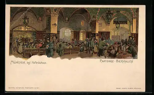 Lithographie München, Münchner Hofbräuhaus, Parterre-Bierhallen, Innenansicht