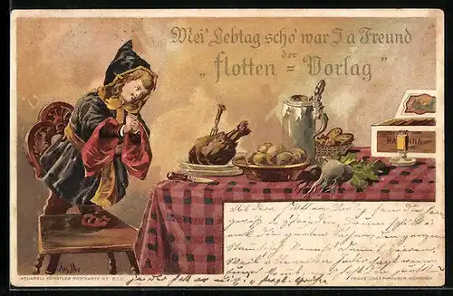 AK Münchner Kindl am Tisch mit Braten und Krtoffeln