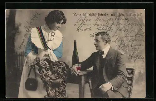 AK Student bei Wein am Tisch und Frau, studentische Szene