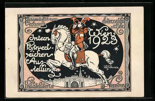 Künstler-AK sign. Ludwig Hesshaimer: Wien, Internationale Postwertzeichen Ausstellung, Postbote zu Pferde