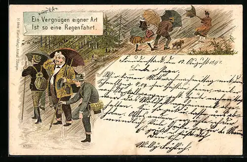 Lithographie Menschen bei Sturm und Regen