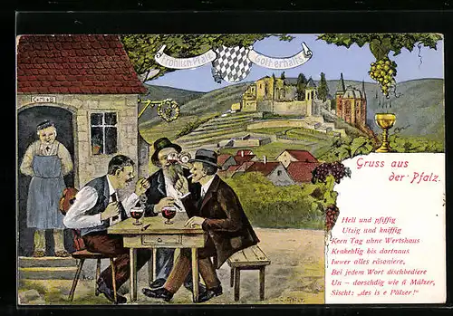 Künstler-AK Männer in einem Weinlokal in der Pfalz