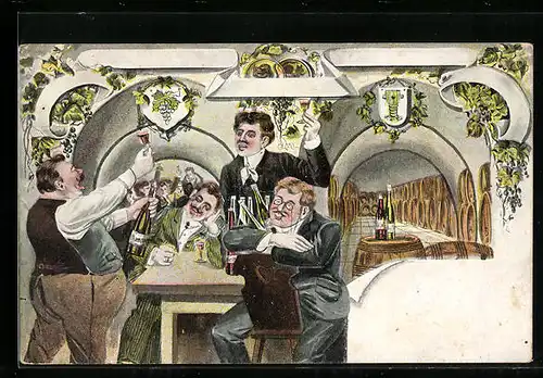 Künstler-AK Betrunkene Männer in einem Weinkeller
