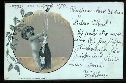 AK Junge lässt einen Sektkorken knallen