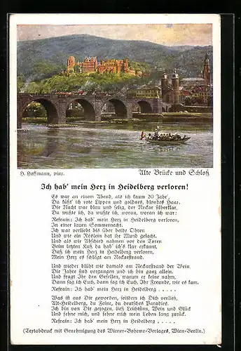 Künstler-AK Heinrich Hoffmann: Heidelberg, Alte Brücke und Schloss, Liedtext Ich hab mein Herz...