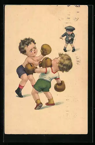 AK Boxkampf, Kleine Boxer mit Schiedsrichter, Kinnhaken