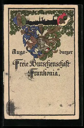 AK Augsburg, Studentenwappen der Freien Burschenschaft Frankonia, Stadtpanorama