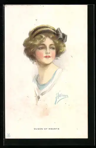 Künstler-AK Harrison: Queen of Hearts, Junge Dame mit Locken