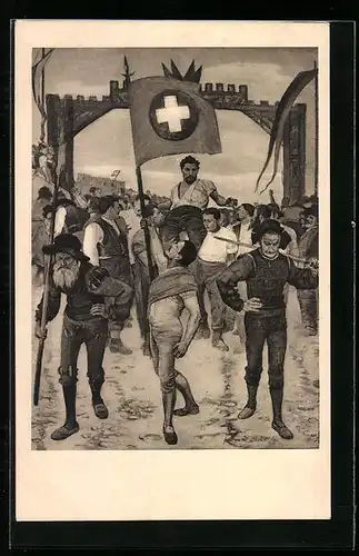 Künstler-AK Ferdinand Hodler: Der Schwingerumzug, mit Schweizer Fahne