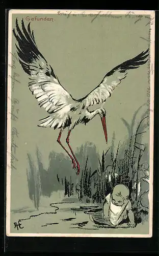 Künstler-AK Arthur Heyer: Klapperstorch und Baby am See
