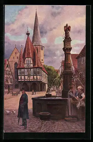 Künstler-AK H. Junker: Michelstadt i. O., Marktplatz mit Rathaus und Brunnen