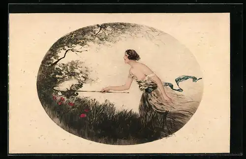 Künstler-AK J. Hardy: Frau im Kleid mit einem Kescher