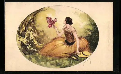Künstler-AK J. Hardy: Frau mit einem Vogel auf der Hand