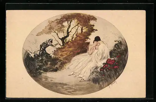 Künstler-AK J. Hardy: Maskierter beobachtet Pierrot und eine Frau