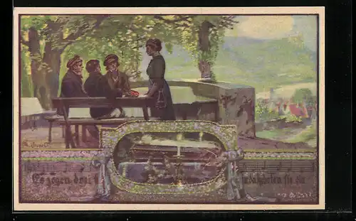 Künstler-AK Franz Jung-Ilsenheim: Studenten und Frau an einer Bank